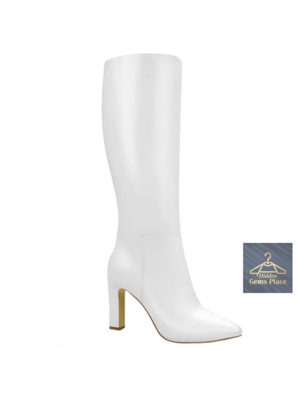 Quorvash Knee High Boots Women Faux Leather Block Heel Pointed Toe Side Zip
